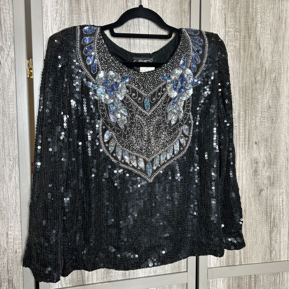 Jean for Joseph Le Bon Beaded Top Size M Silk Black Silver Long Sleeves